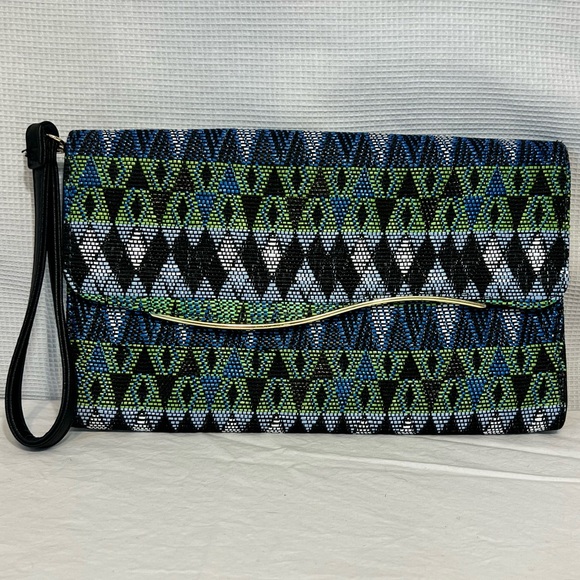 Handbags - Woven‎ Clutch Bag Wristlet Blue/Green/Black Geometric Abstract Pattern